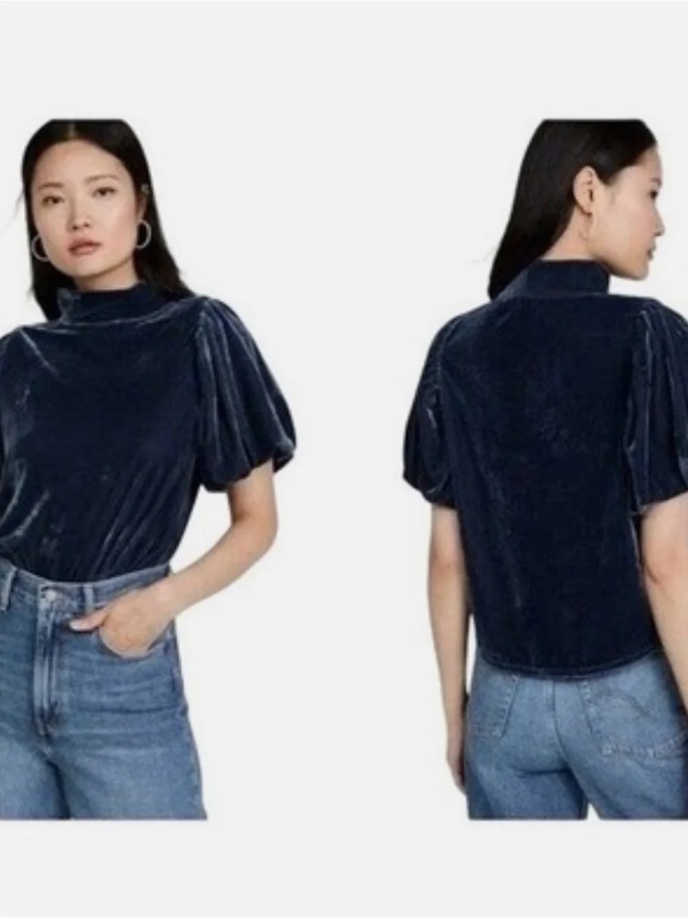 Free People Navy Velvet Mock Neck Puff Sleeve Top size L